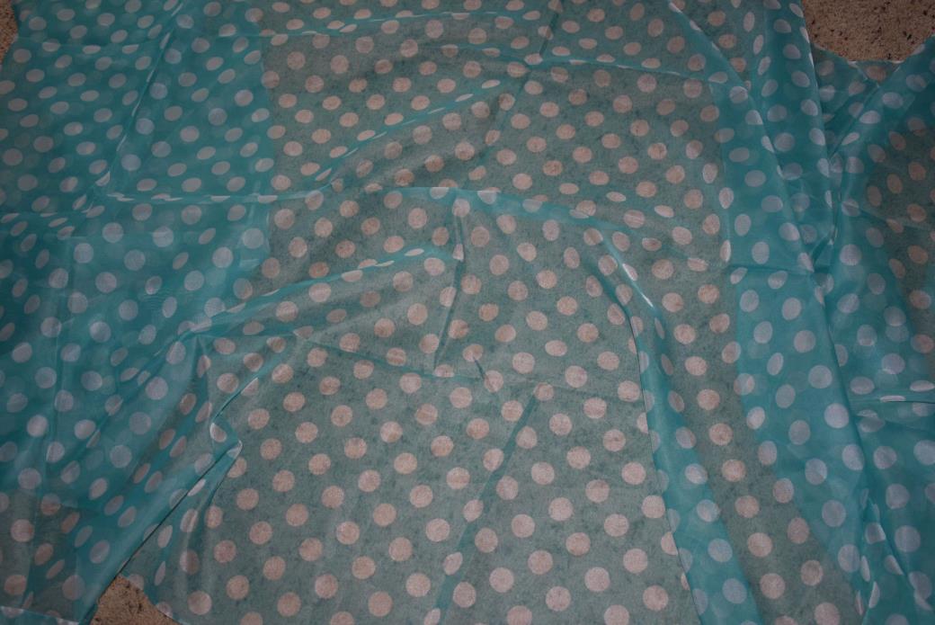 Vintage Chiffon Sheer Aqua Polka Dot Fabric Yardage