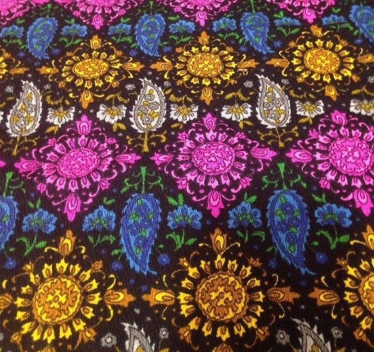 Vtg Fabric Black Bright Neon Pink Gold Flowers 60s Mode 27