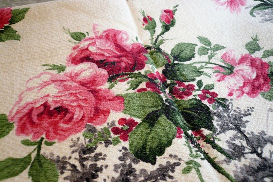 2 FAB LRG PANELS CABBAGE ROSES COTTAGE NUBBY BARKCLOTH PINKS CRANBERRY FLORAL PR