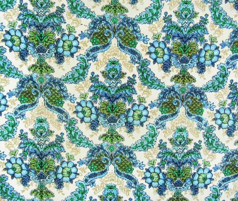 Vintage Mid Century Pattern Rights Inc. Damask Blue Upholstery Curtain Fabric