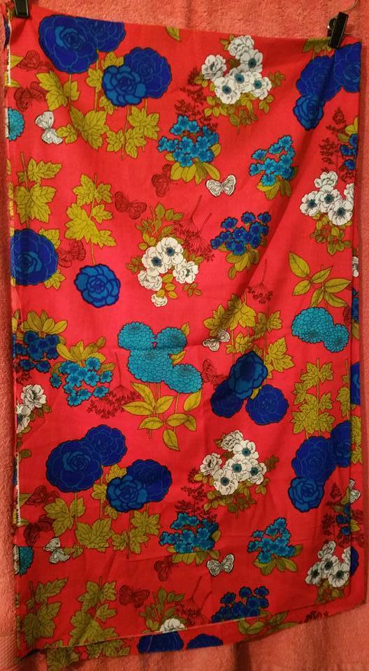 Vintage 2 YD HAWAIIAN TIKITEX Fabric Red with White/Blue Flowers & Butterfly