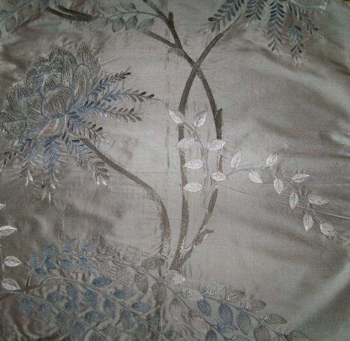 COLEFAX & FOWLER WATER LILY ROSE EMBROIDERED SILK  FABRIC 10 YARDS SILVER BLUE
