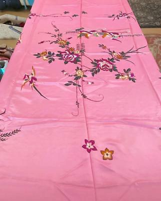 Vintage Pink Embroidered Chinese Silk Fabric Colorful Birds & Flowers 2 Yards