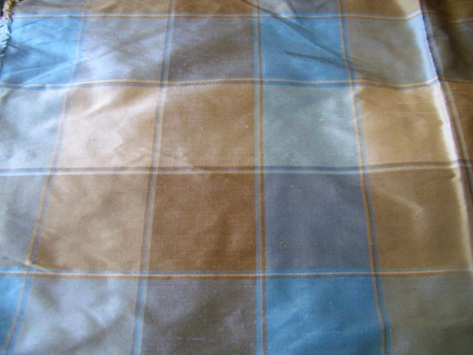 Blue, Gold, Ivory Plaid Silk Drapery Fabric  1 yd., 14