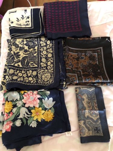 6 Square Silk Scarfs 100% Silk Ranging From 16” To 34” Square  Lot #10