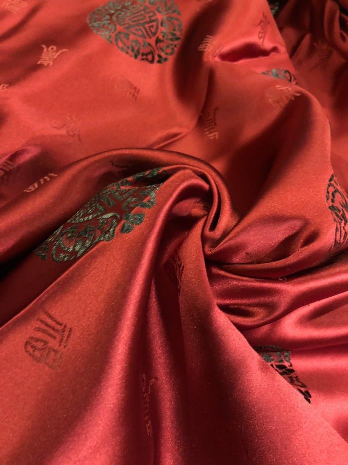 VINTAGE Red SILK BLEND Satin JACQUARD Asian Symbols Fabric 1.75 Yards X 45