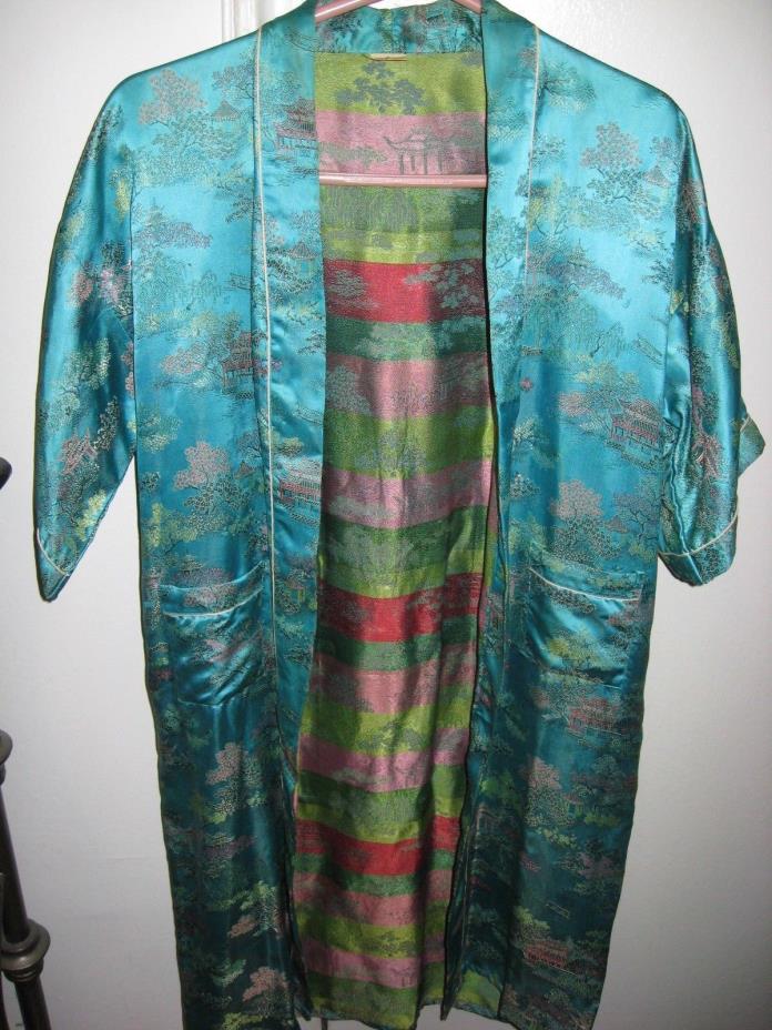 Vintage 1970s girls' teal blue silk brocade kimono Hong Kong pagodas blossoms