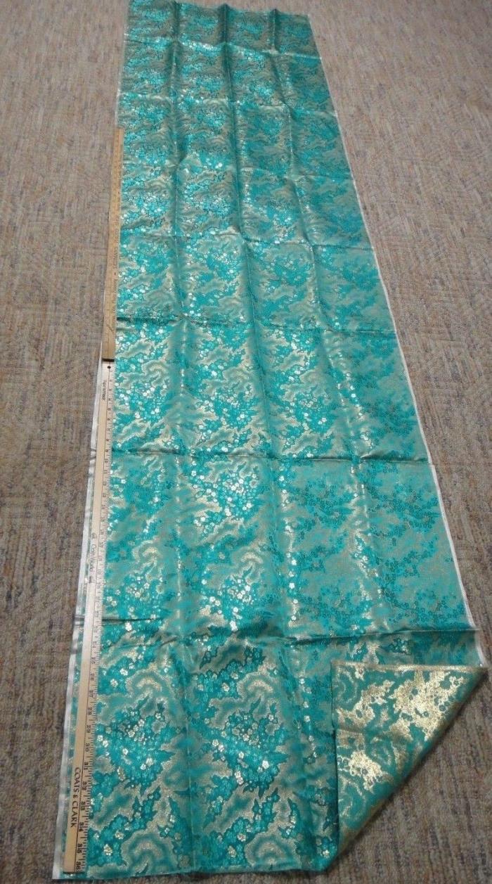 Vintage Silk Satin Brocade Floral Turquoise Fabric w/ Gold Thread 3 yds 27