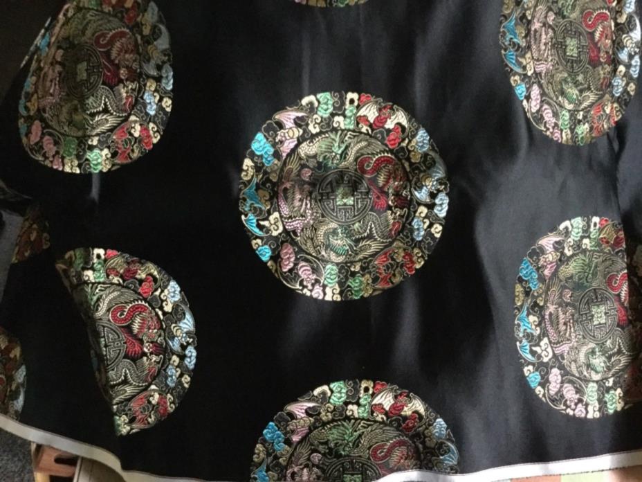 Vintage Silk Satin Brocade Damask Fabric Chinese 3 Yd + Black with Medallions