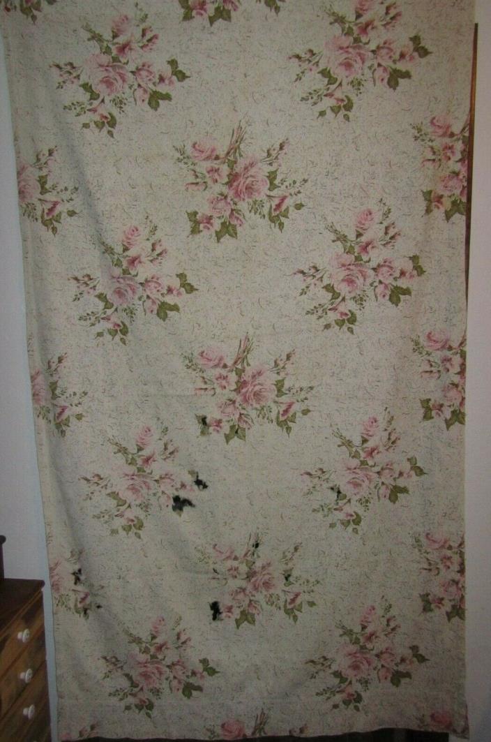 Vintage BARKCLOTH FABRIC Curtain Drapery Panel Pink Roses - CUTTER