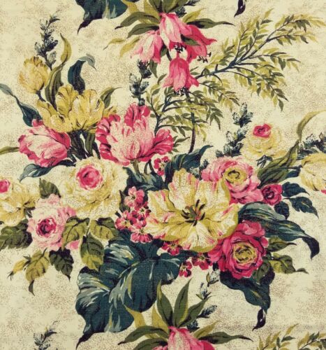 VTG Barkcloth Remnants Pink Gold Floral on Ivory Background 37x42, 13x17 Vintage