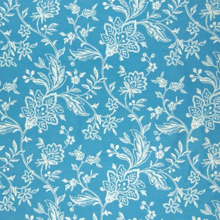 Drapery Upholstery Fabric Mill Creek Pacific Blue White 100% Cotton Floral Fabri