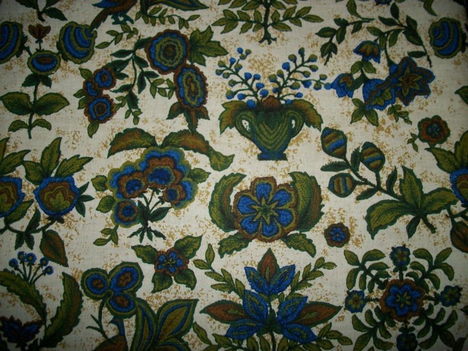 Vintage Linen Cotton Upholstery Fabric Screen Print Peacocks Blue Green 4.75 Yds