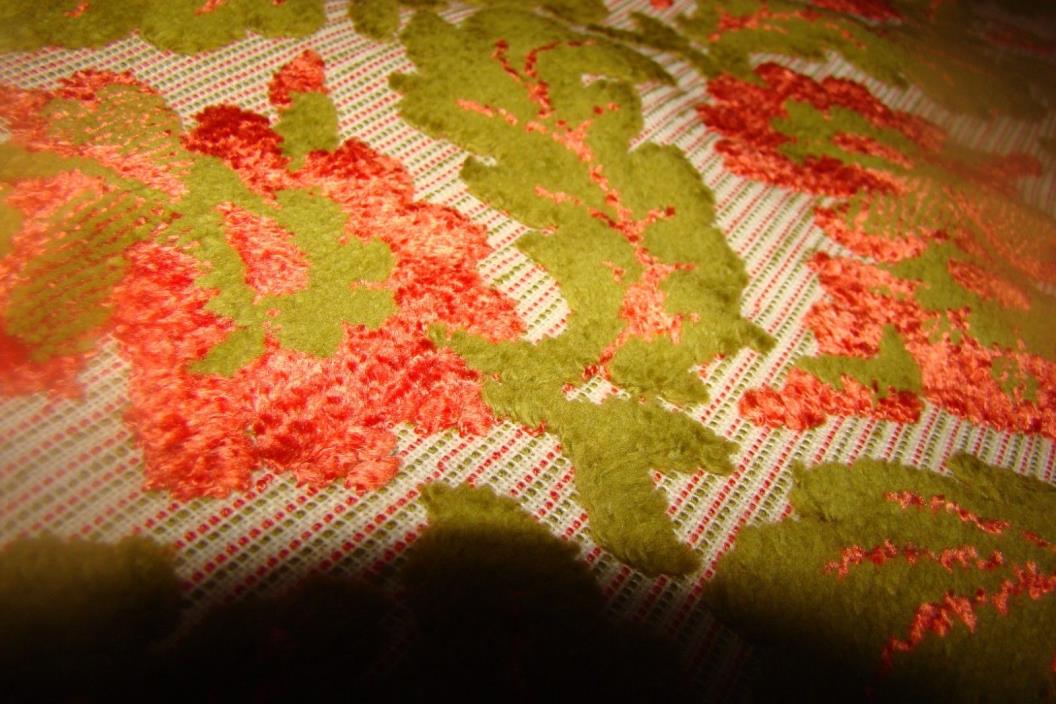 Mid Century Modern Vintage Cut Velvet Fabric Upholstery Orange Color Floral 1970