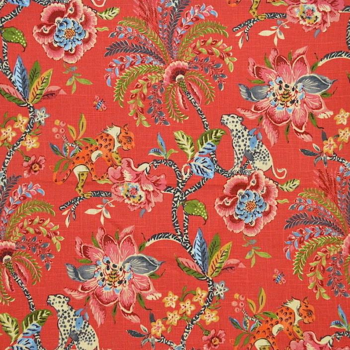 W3W EXOTIC AND DELIGHTFUL CURIOUS BIG CATS & FLORAL ALL LINEN PRINT FABRIC RED