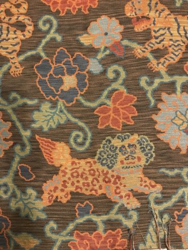 Dragon And Foo Dog Tapestry Upholstery Fabric Orange Brown And Aqua 2 Yds