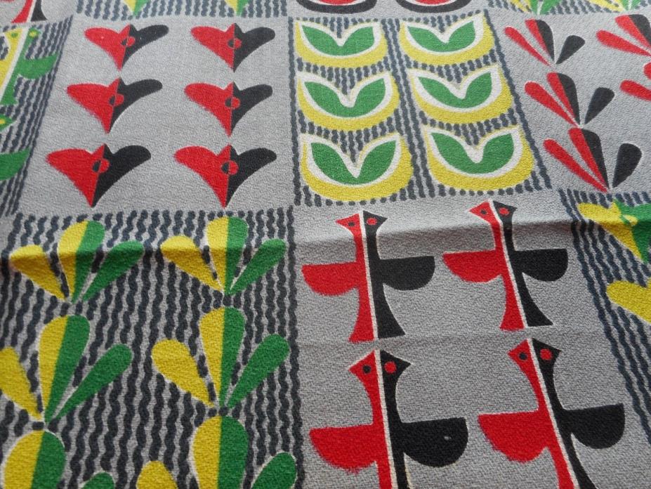 Vintage Mid Century Red, Chartreuse, Green Black Grey Abstract Pattern Barkcloth