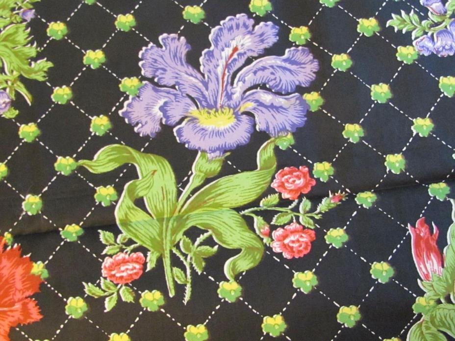 5yds Vtg Cecil Beaton Bloomcraft Decorator Cotton Fabric Floral & Lattice Black