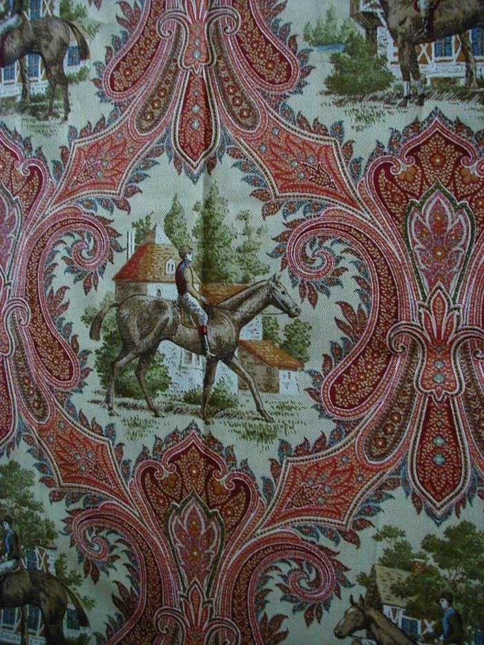 vintage upholstery fabric remnant equestrian horses jockeys 34 x 55