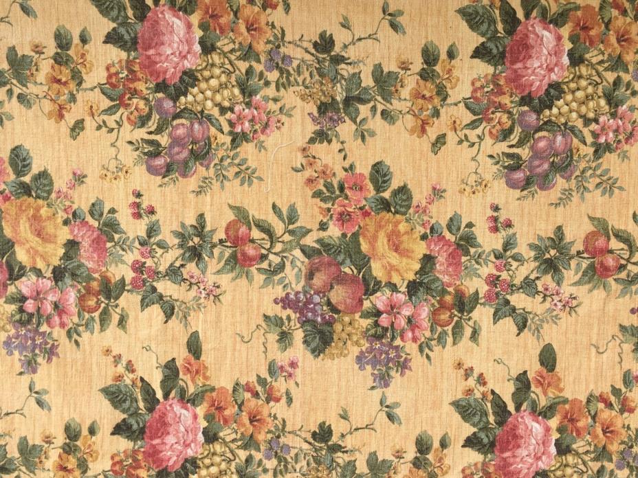 VINTAGE BARK CLOTH FABRIC floral, grapes, golds, rose and purples