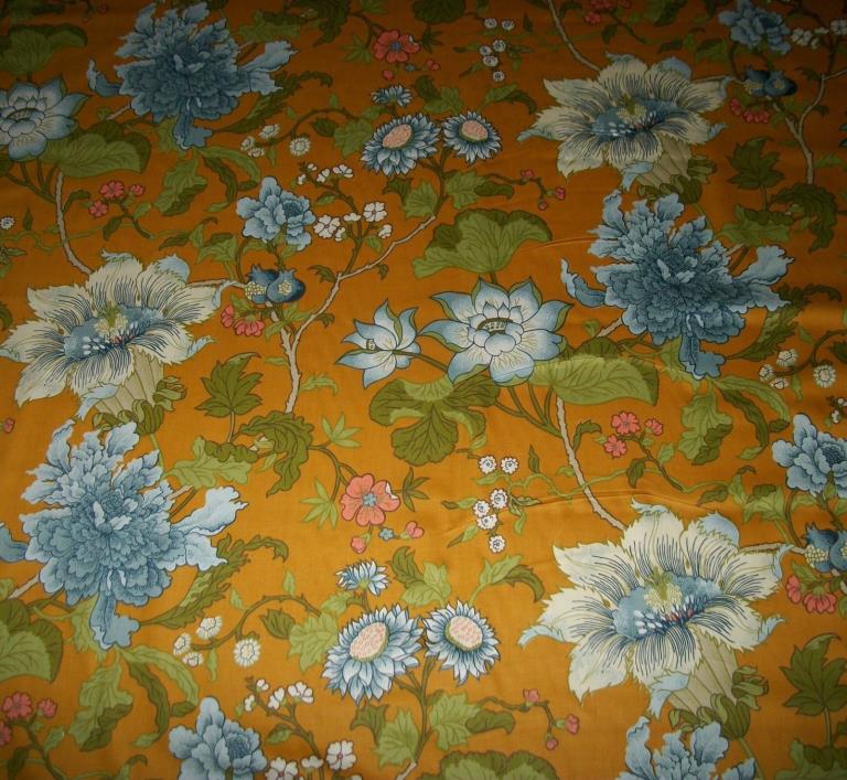 Vtg Waverly Screen Print Upholstery Fabric Thais Blue Floral Gold & Green 11 Yds