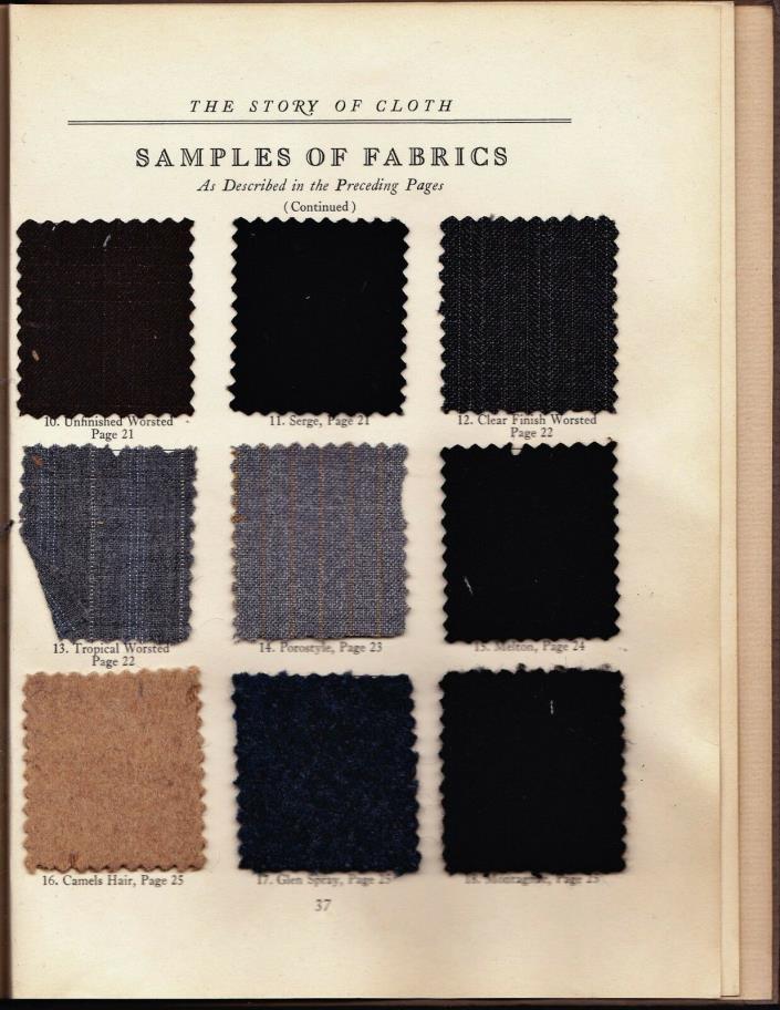 1952 The Story of Cloth  Hickey Freeman Co. Rochester, NY~ Woolen Fabric Samples