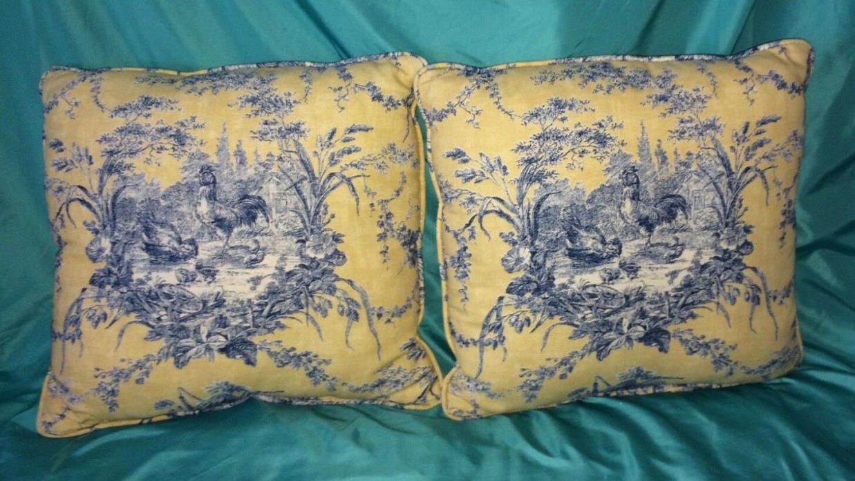 2 Waverly La Petite Ferme Blue & Yellow Gold Rooster French Country Toile Pillow