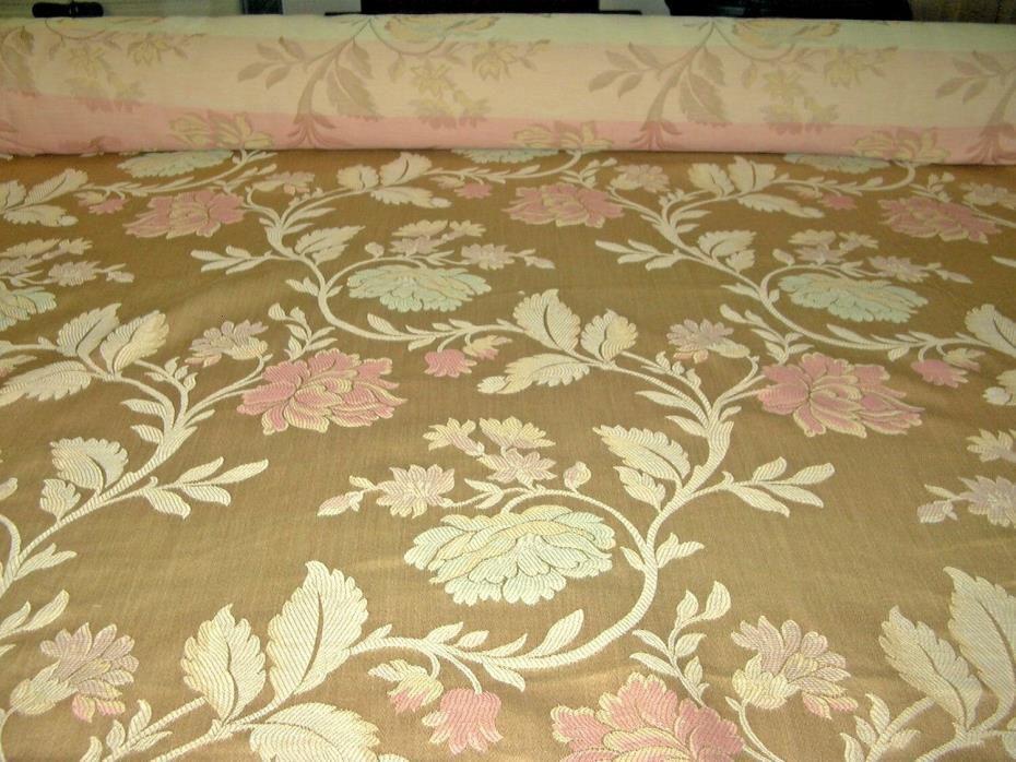 Vintage drapery upholstery fabric beige sateen with seafoam & rose floral design