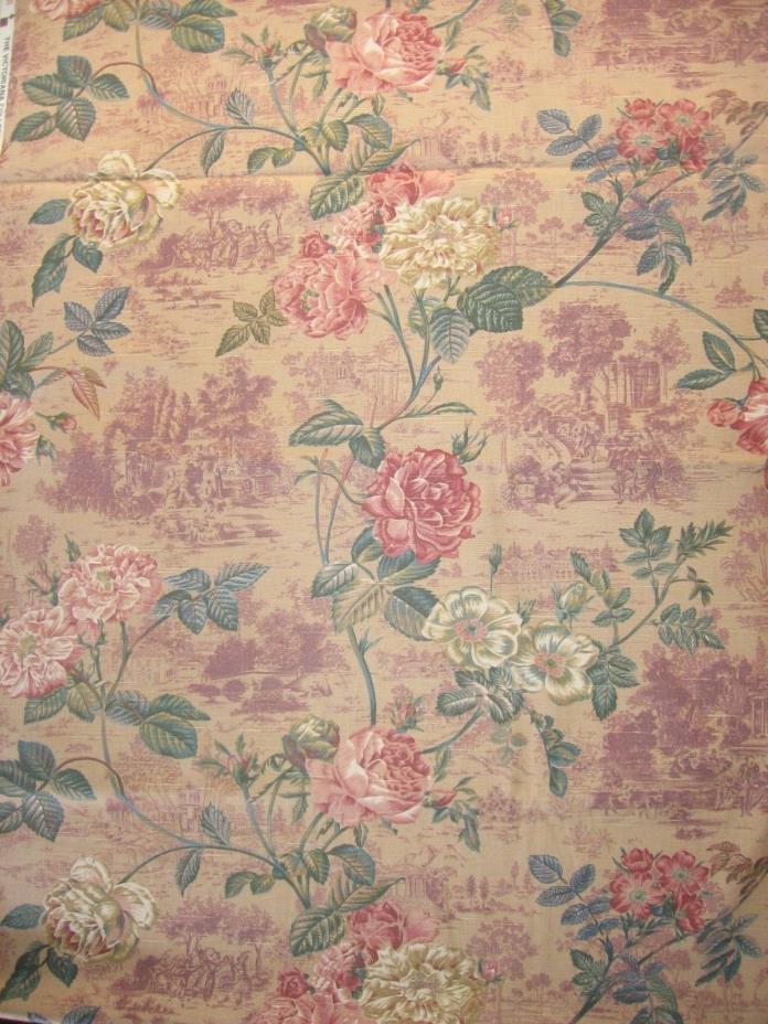 2yds Vtg Di Lewis#166 Victorian Rose Mauve Flower Floral Toile Upholstery Fabric