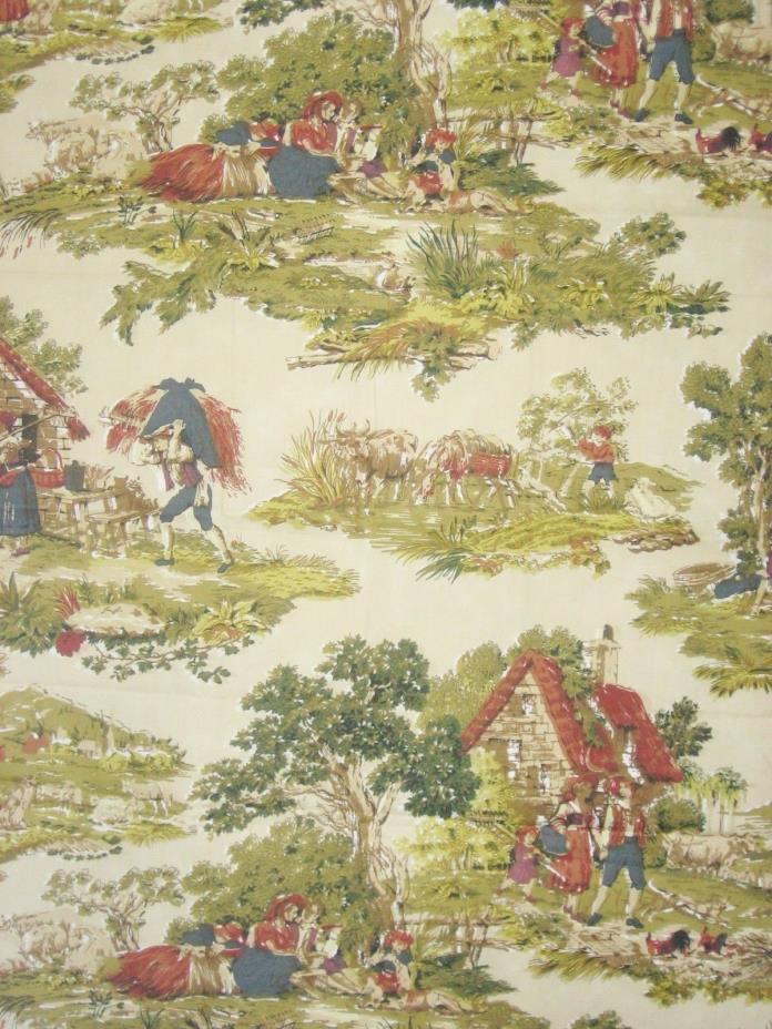 2yds GIULIANO Portfolio Textiles Vtg Country Farm Scene Toile Upholstery Fabric