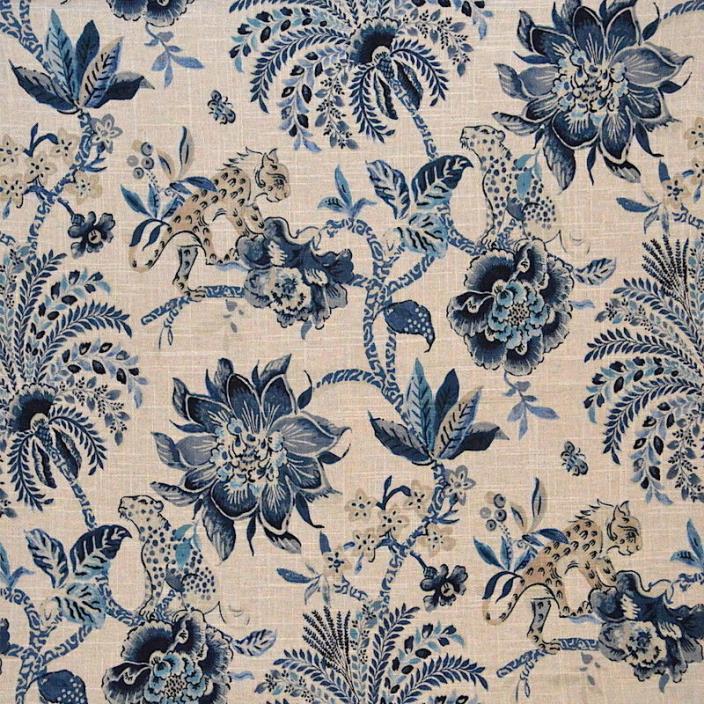 EXOTIC AND DELIGHTFUL CURIOUS BIG CATS & FLORAL ALL LINEN PRINT FABRIC BTY BLUE