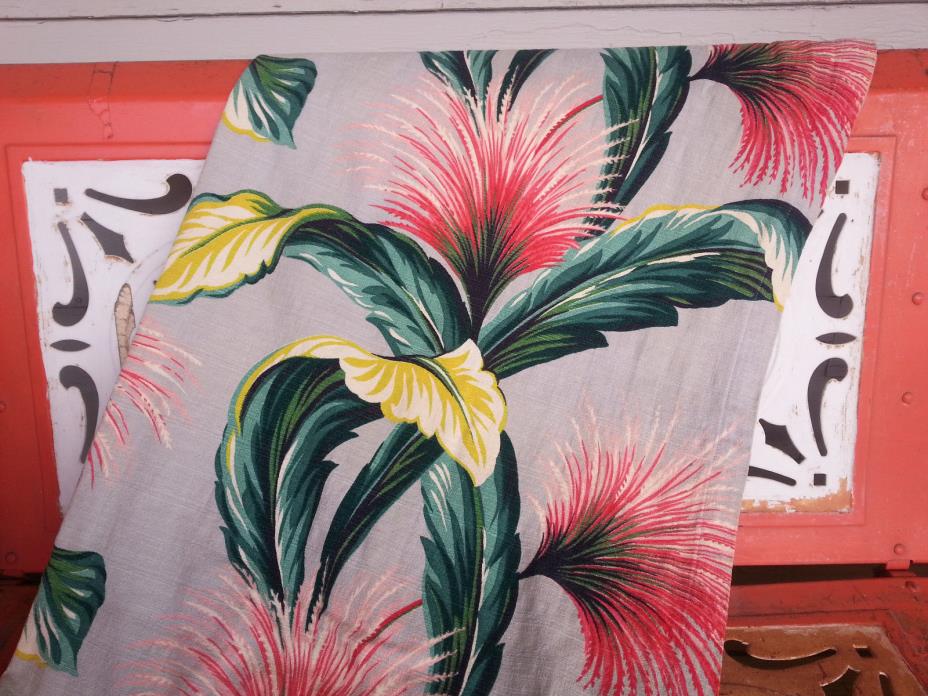 vtg Zomba Barkcloth 43x82 curtain panel MCM tropical leaves 30's pillow fabric