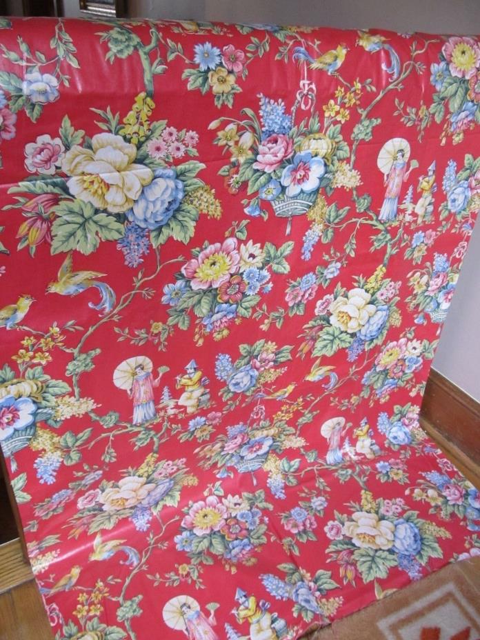 Vintage 1950s Shiny CHINTZ FABRIC Asia Floral Theme 12 YARDS Long 36 Wide