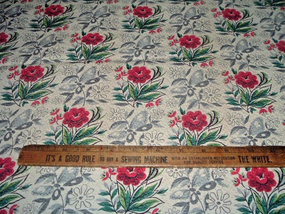 4 Pcs Mid-Century Red Floral Gray Print Drapery Fabric On Beige