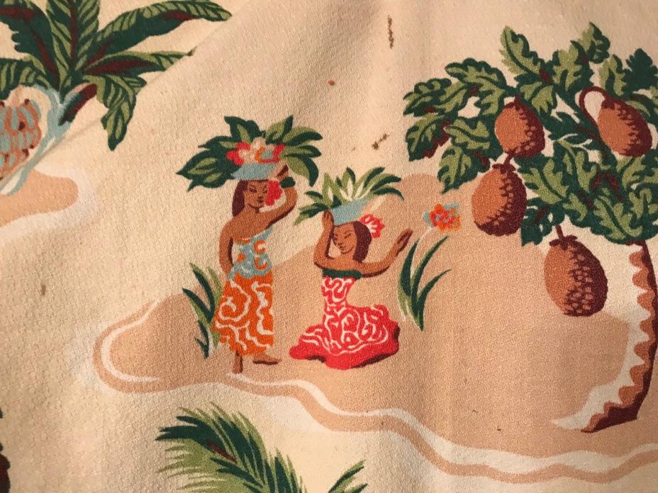 Vtg Barkcloth Fabric 50s Hawaiian Life, Fruit Hats climbing Palm Tree's 78 x 22