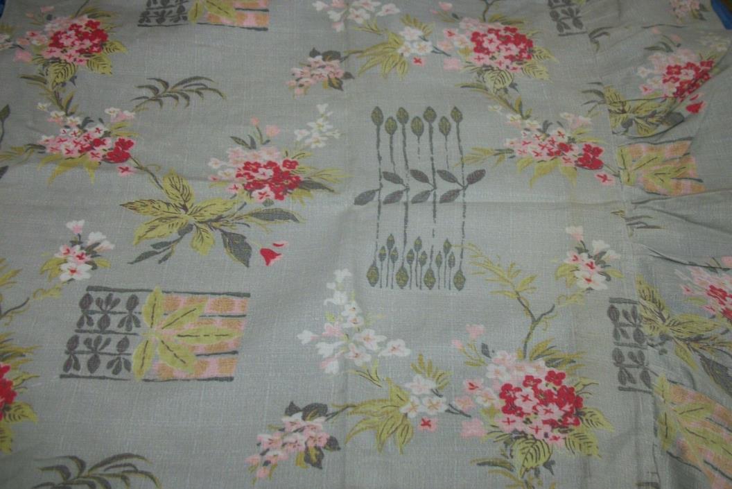Vintage 1940s Barkcloth Fabric Single Panel Grey with Green Red & Pink