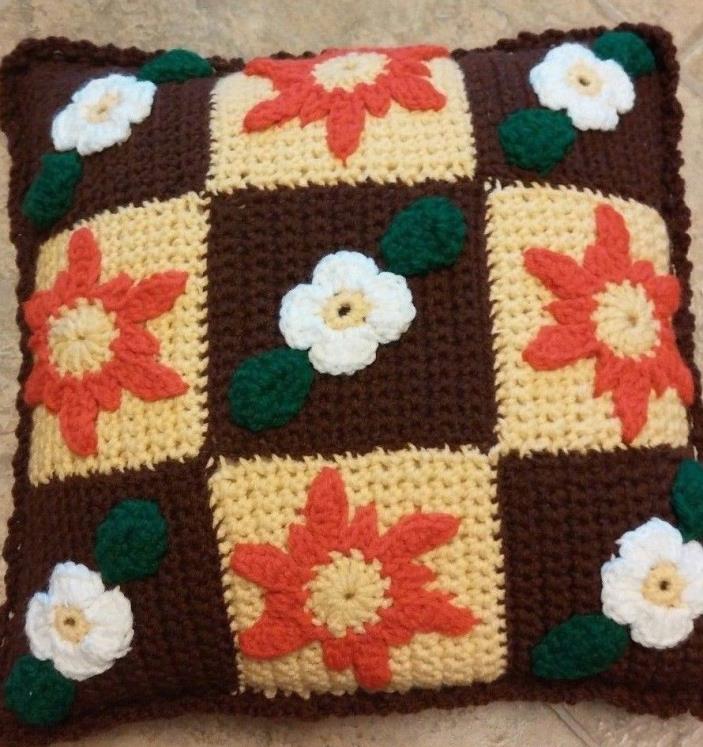 Vtg Retro Floral Crochet Knit Pillow Cottage Hygge Shabby Handmade Craft Brown