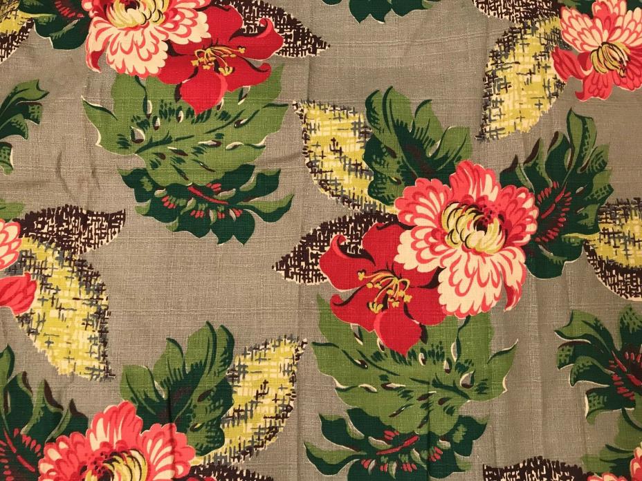 2 Vintage 1940's Barkcloth Curtains, Pink, Red Hibiscus Flowers set #1