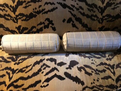 Pr. Scalamandre Ivory Silk Cut Velvet Bolsters Neckrolls Pillows