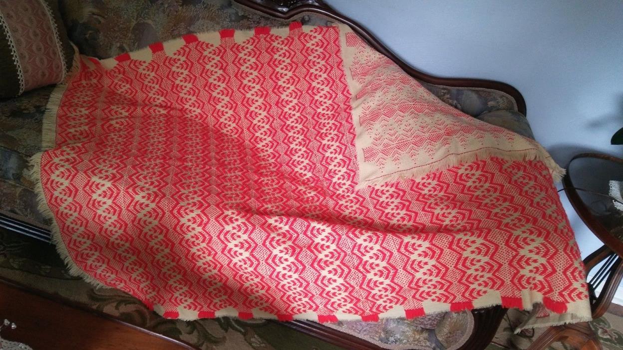 Vtg Red Orange Cream Mid Century Throw Woven Fringe 44 X 62