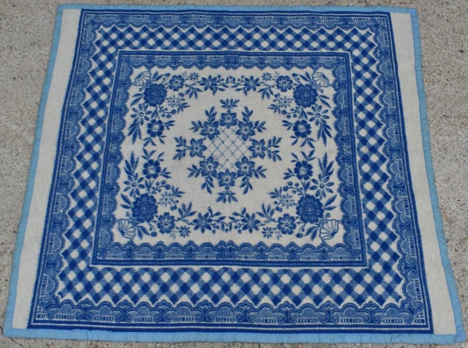 Iraqi Wool Blanket Blue and White Checkered Floral Patterned Persian