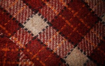 2 Yds Vtg Plaid Woven Wool Fabric Accent Red Orange Black & Tan Mid Cent Cabin