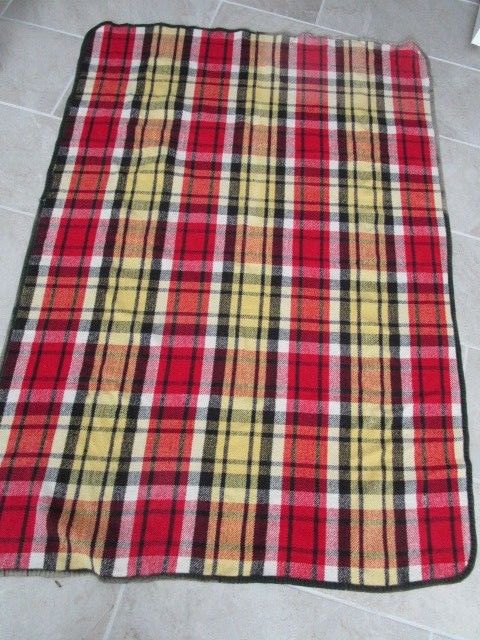 Vintage Wool Blanket Throw Red Yellow Plaid