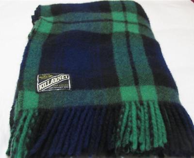 Vintage - Killarney Blanket - Made in Ireland Green & Blue Plaid 100% Wool 56X68