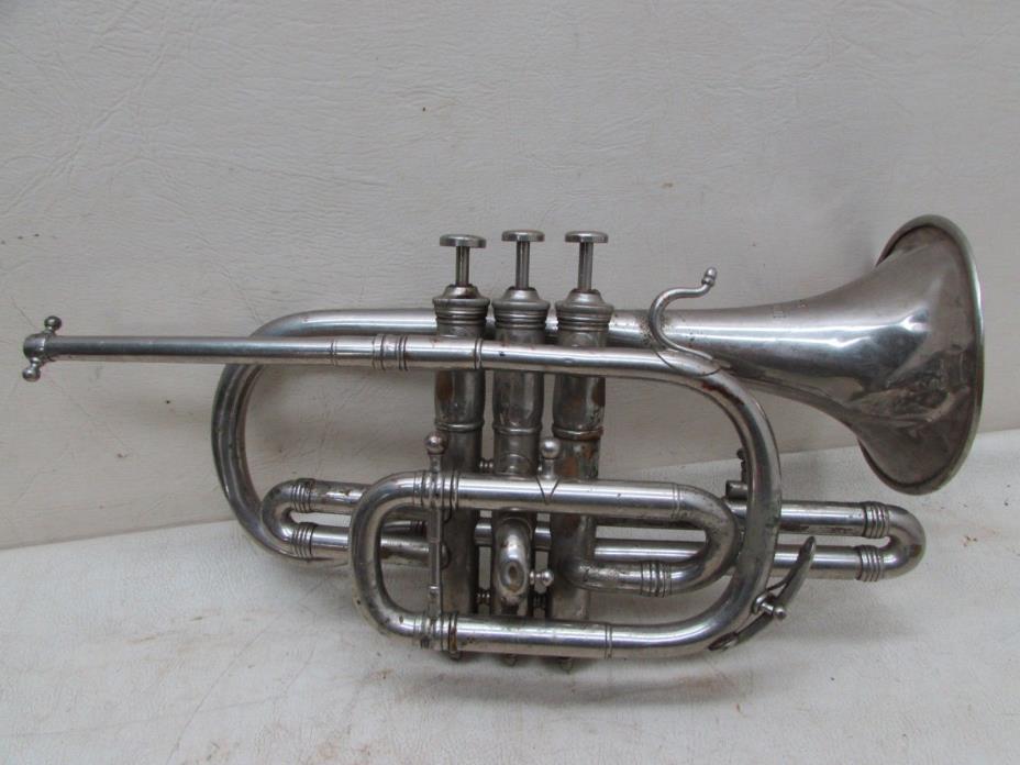 Rare Antique M Dupont Paris France Cornet Silver Plated Brass Valve Instrument
