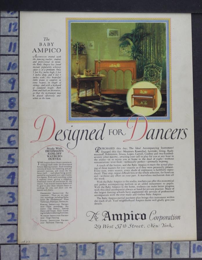 1927 MUSIC INSTRUMENT PIANO KEYBOARD AMPICO DANCER HOME DECOR VINTAGE AD DI84