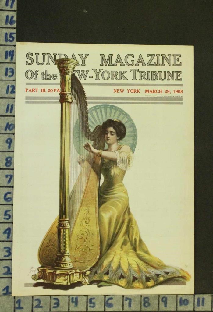 1908 MUSIC INSTRUMENT HARP SONG FASHION PEACOCK ROMANCE ILLUS FREW COVER RO27