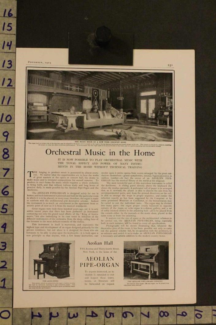 1905 MUSIC INSTRUMENT AEOLIAN PIPE ORGAN ORCHESTRA ARCHITECTURE DECOR AD SI17