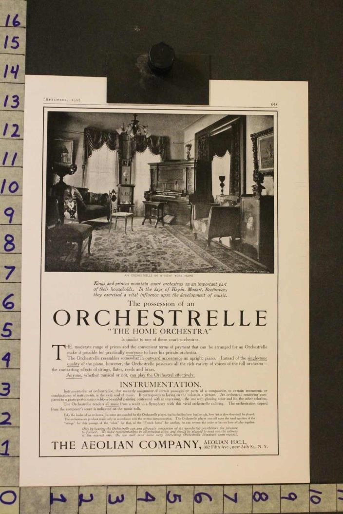 1906 MUSIC INSTRUMENT AEOLIAN ORCHESTRELLE PIANO HOME PARLOR DECOR AD SI18