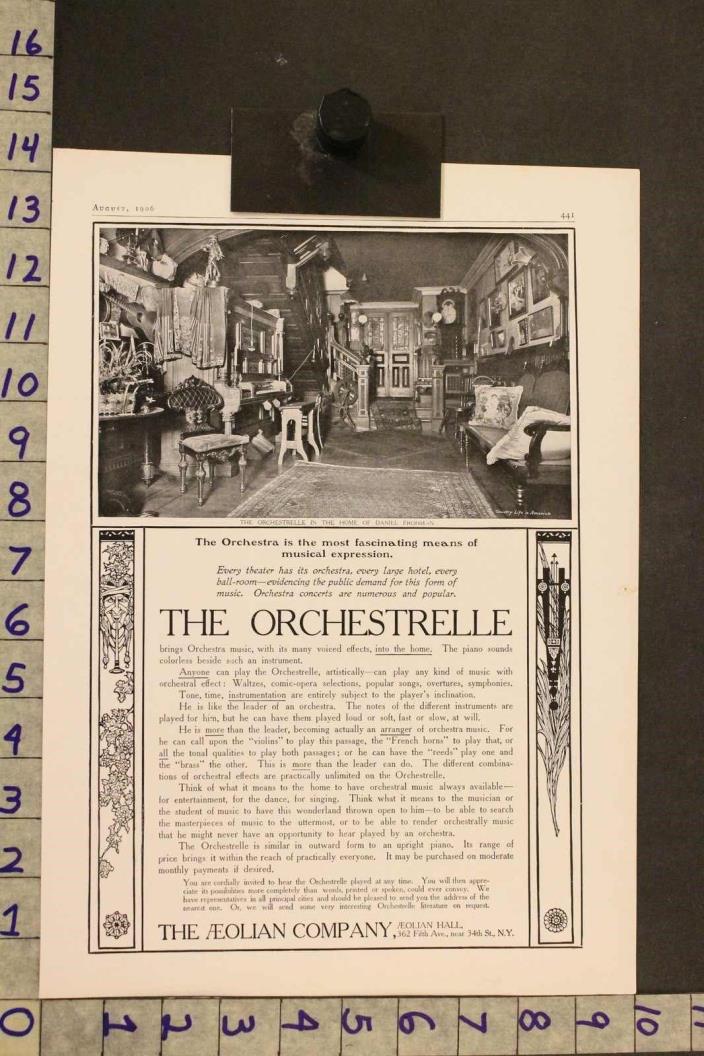 1906 MUSIC INSTRUMENT AEOLIAN ORCHESTRELLE PIANO FROHMAN HOME DECOR AD SI19